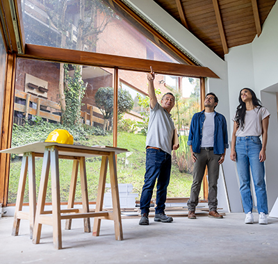 couple with a construction man discussing a build